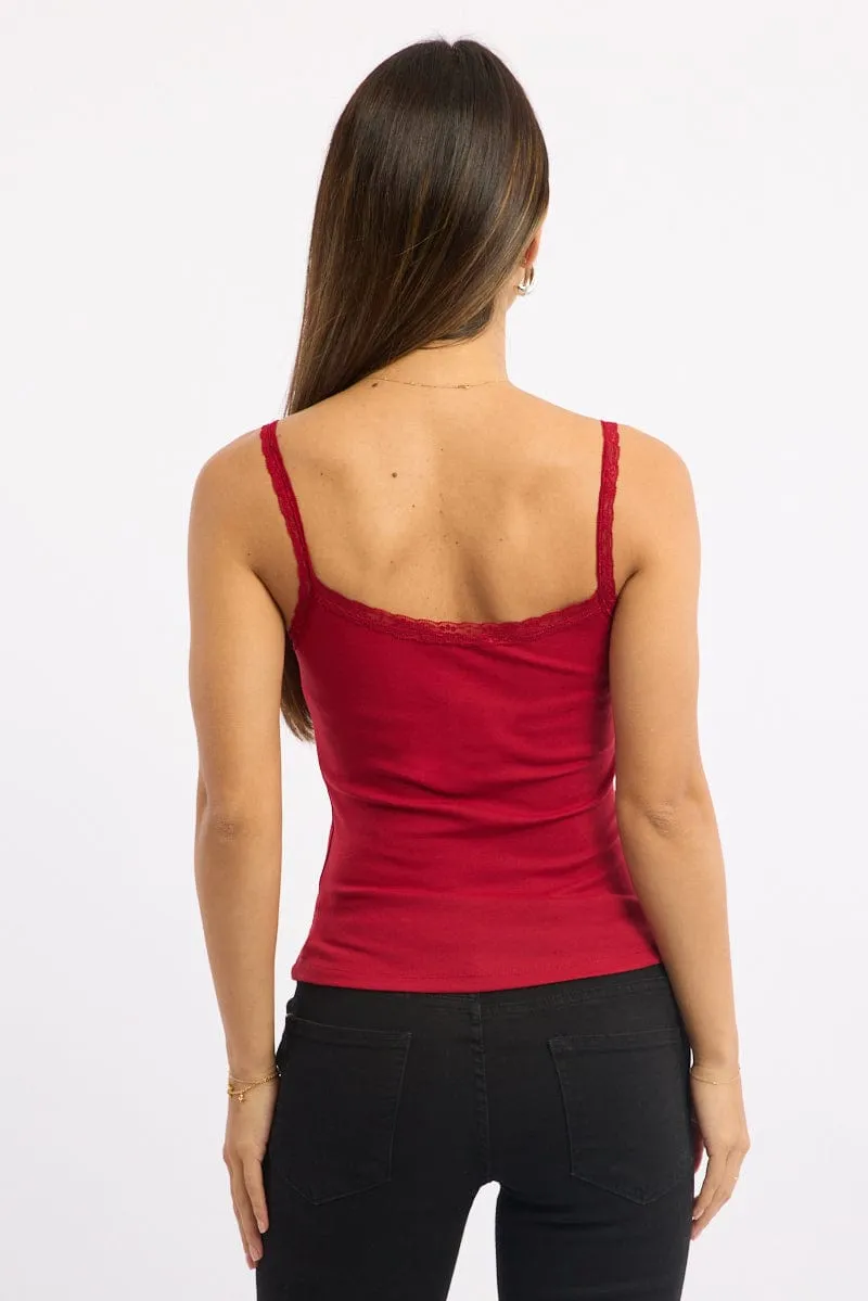 Comfortable Wear Breathable Style Red Lace Tank Top Sleeveless