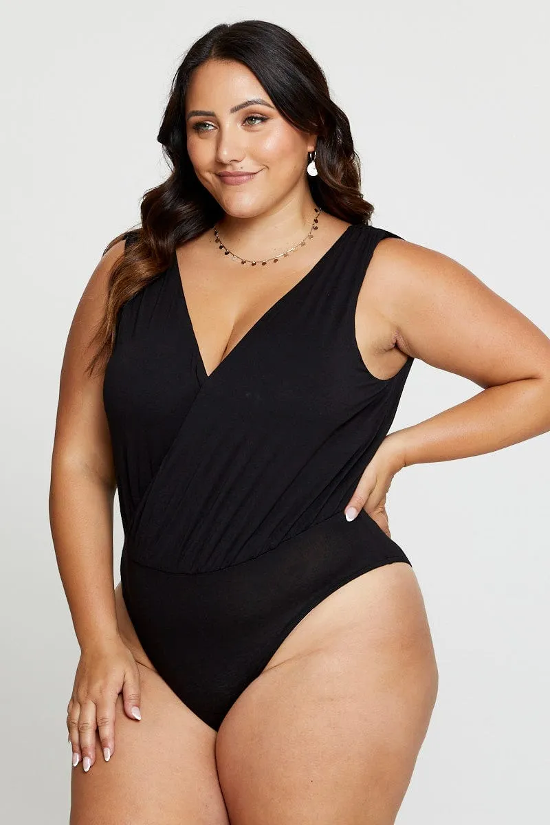 Black Front Bodysuit Gathered Strap Jersey Wrap Fairy Core