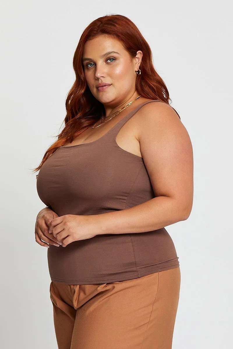 ElasticFree QuickDryTech Brown Tank Top Square Neck Sleeveless Cotton