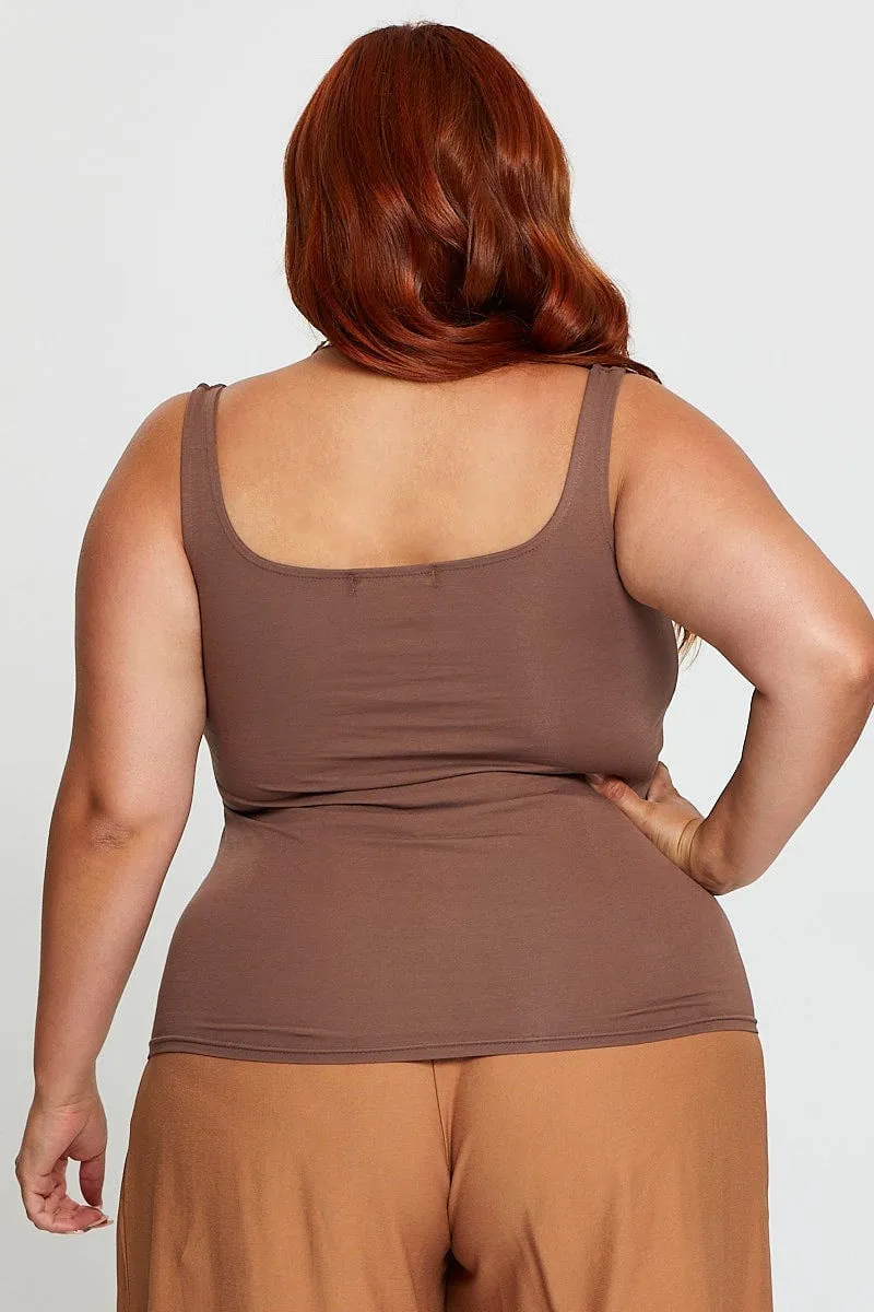 Gloss Fit Virtual Fit Brown Tank Top Square Neck Sleeveless Cotton
