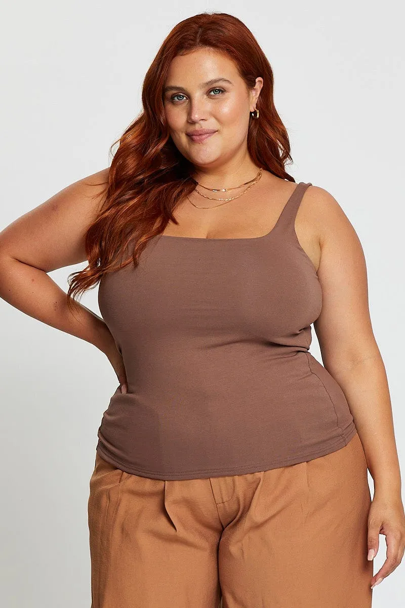 Basic Core AbrasionResistant Material Brown Tank Top Square Neck Sleeveless Cotton