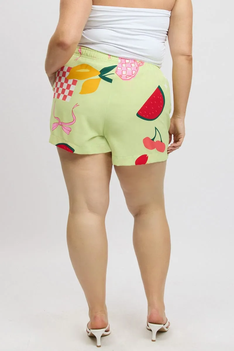 Office Glam Evening Chic Green Abstract Elastic Waist Shorts