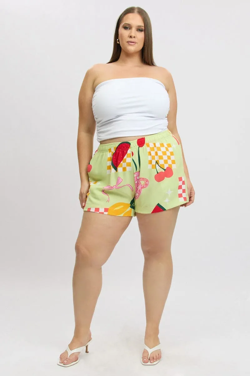 warm glow Green Abstract Elastic Waist Shorts