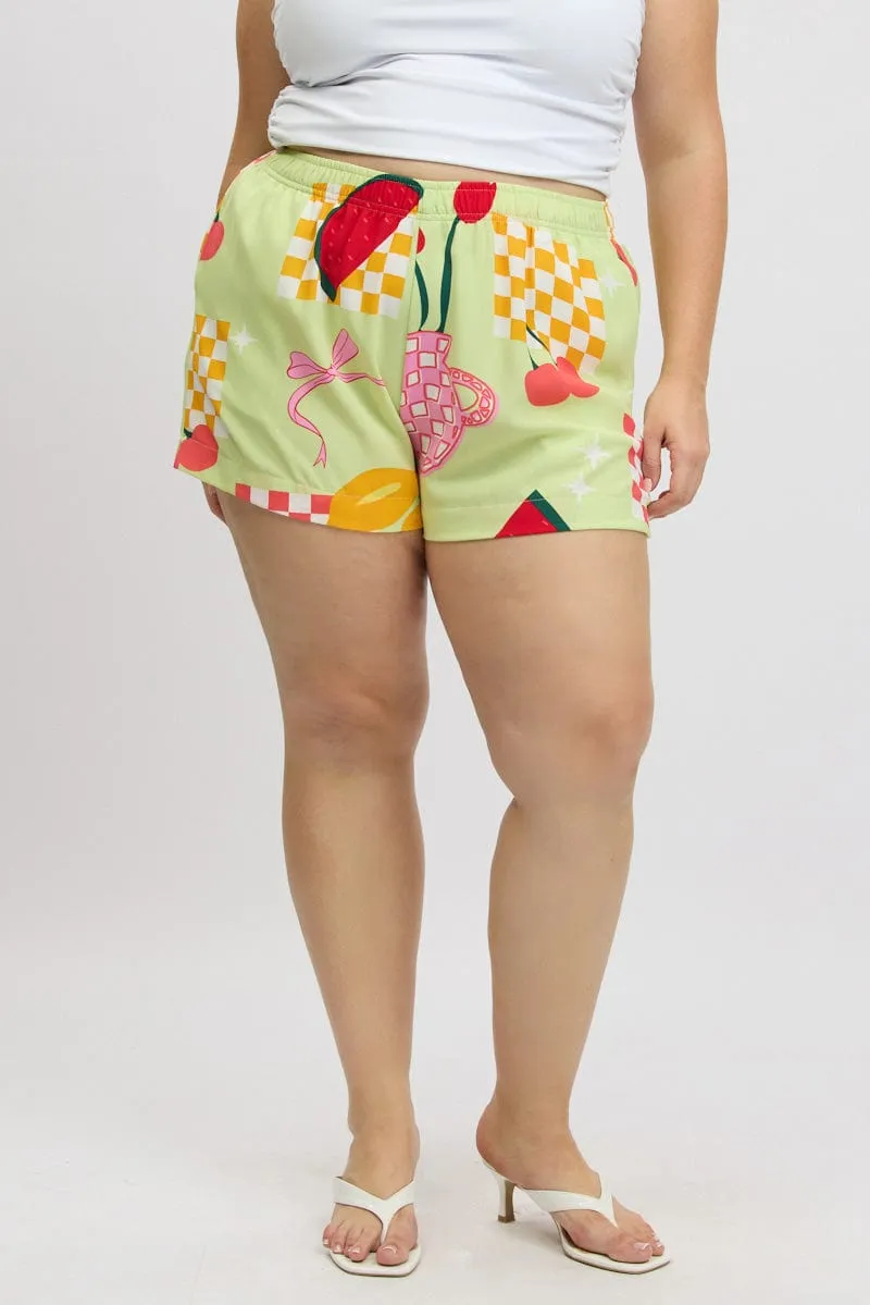 Green Abstract Elastic Waist Shorts SkinFriendlyElastic