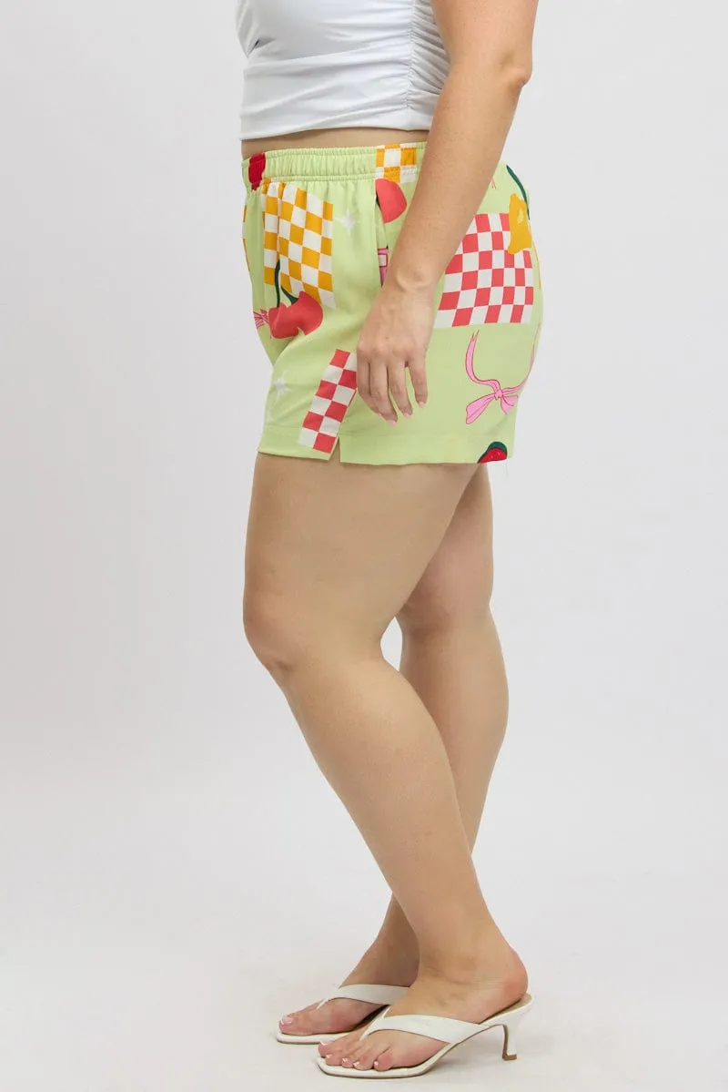 Fairy Touch Athleisure Cool Green Abstract Elastic Waist Shorts