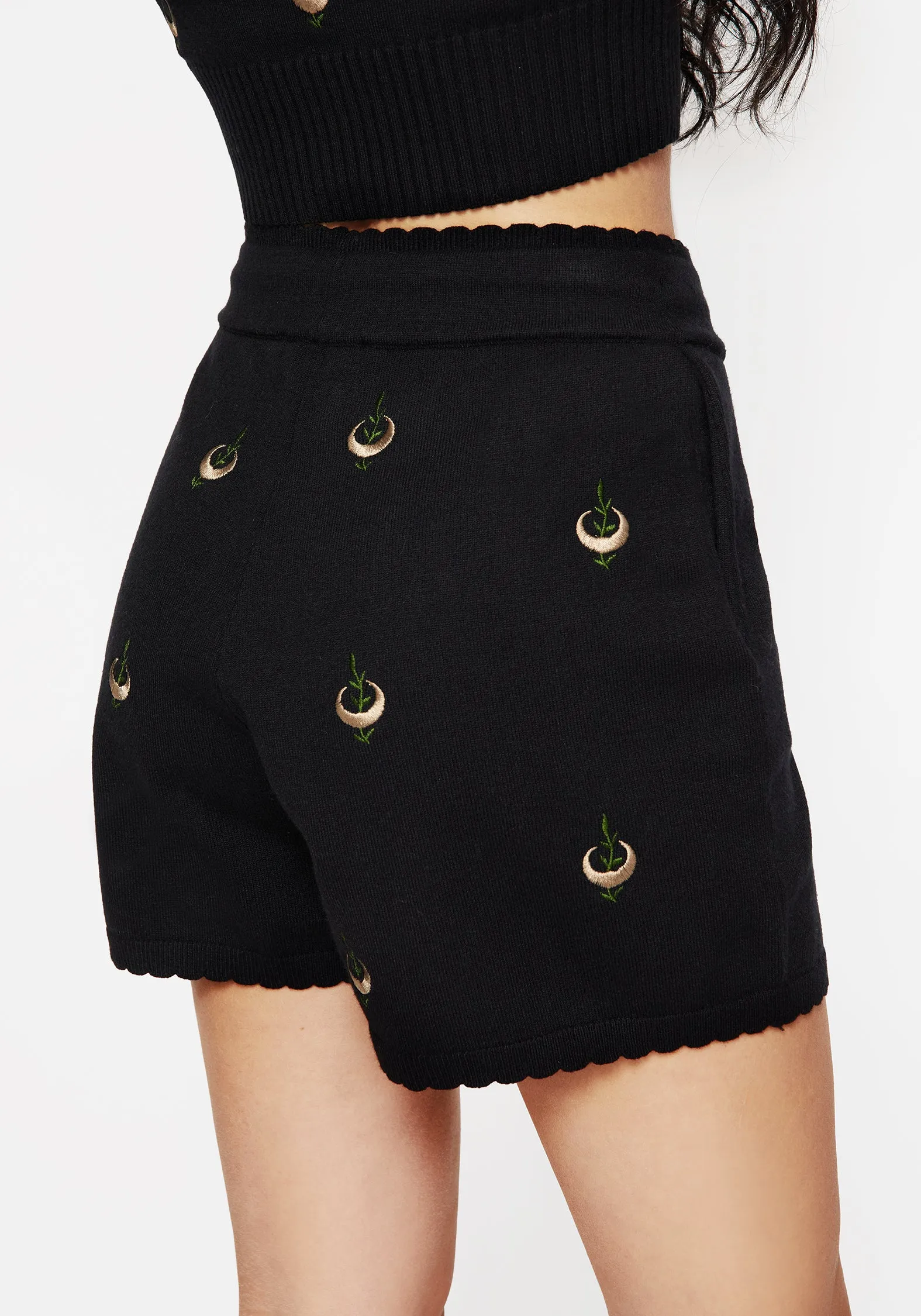 Liana Moon Leaf Embroidered Knit Shorts Sweat Wicking Channels Warm Day