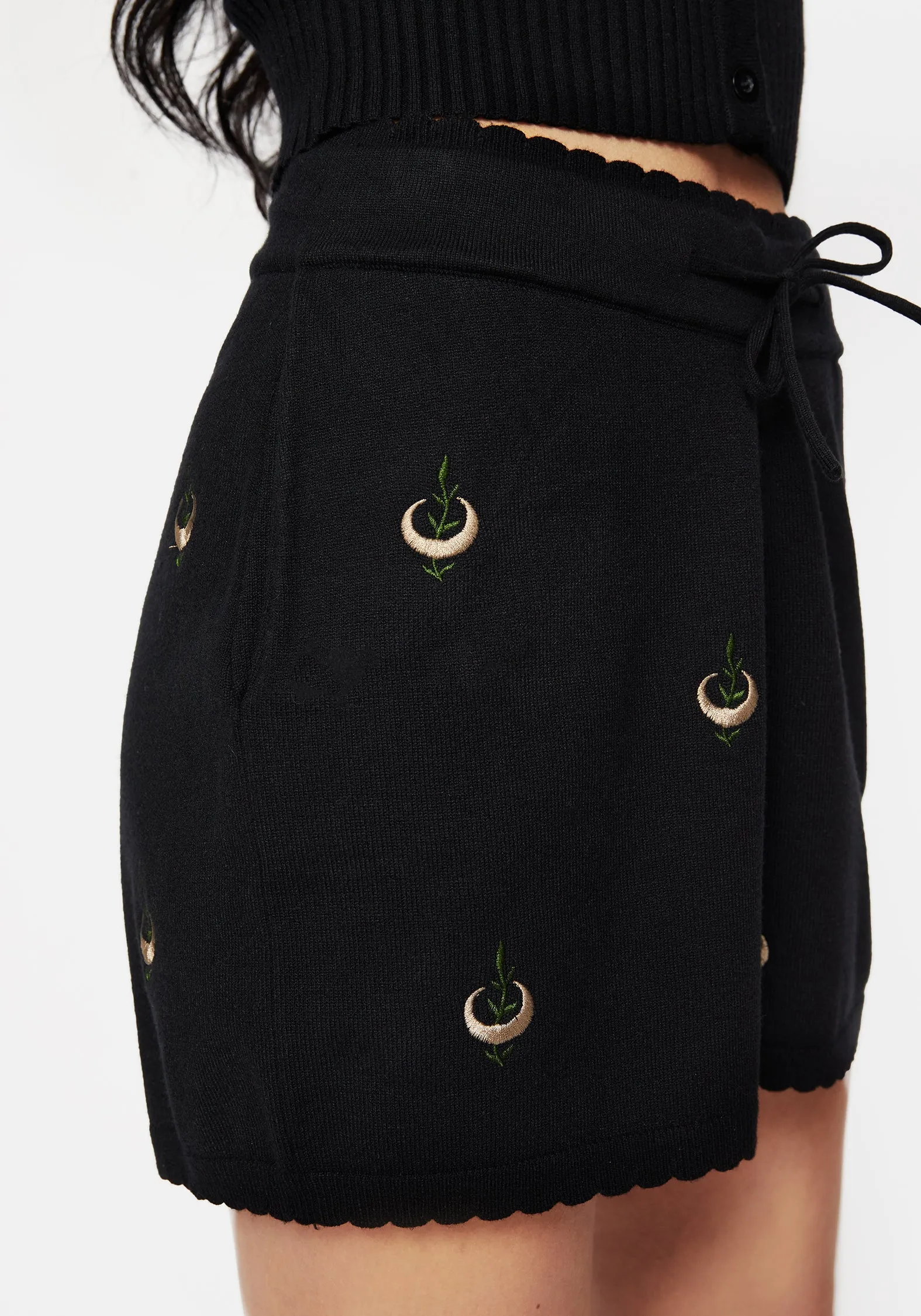 Liana Moon Leaf Embroidered Knit Shorts service industry