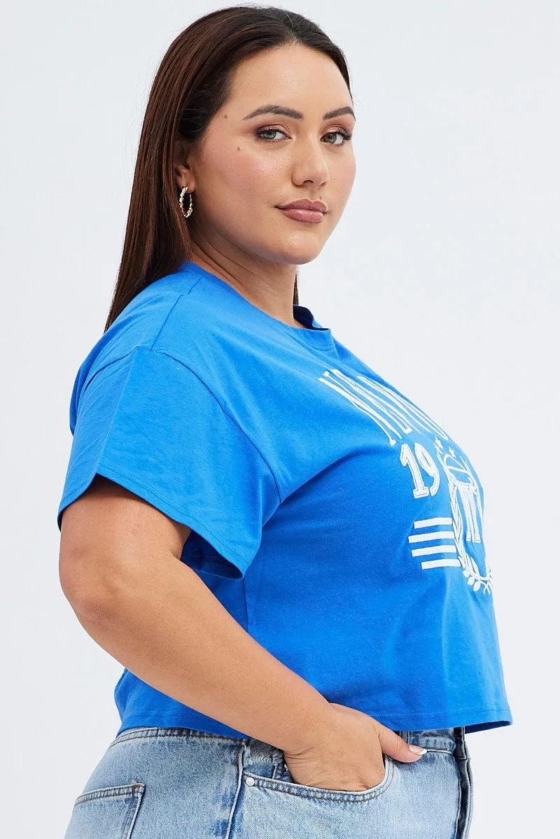 Blue Graphic T-shirt New York Crop Cotton Jersey Fashion and Comfort
