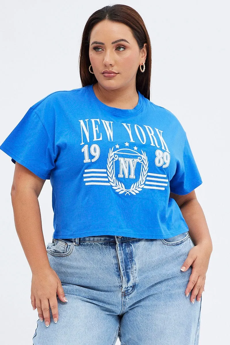 skinny but not tight Comfortable Look Blue Graphic T-shirt New York Crop Cotton Jersey