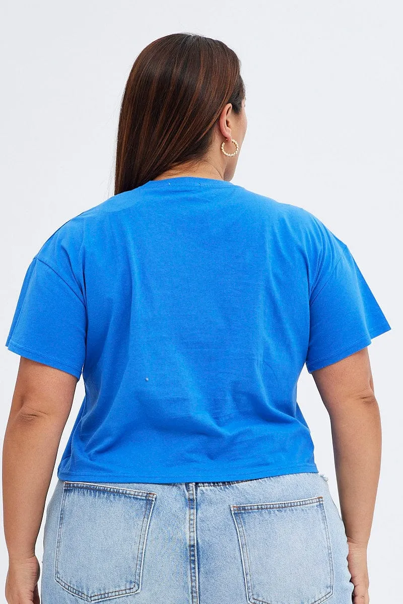Blue Graphic T-shirt New York Crop Cotton Jersey NonIrritatingTags Heat Transfer Printing