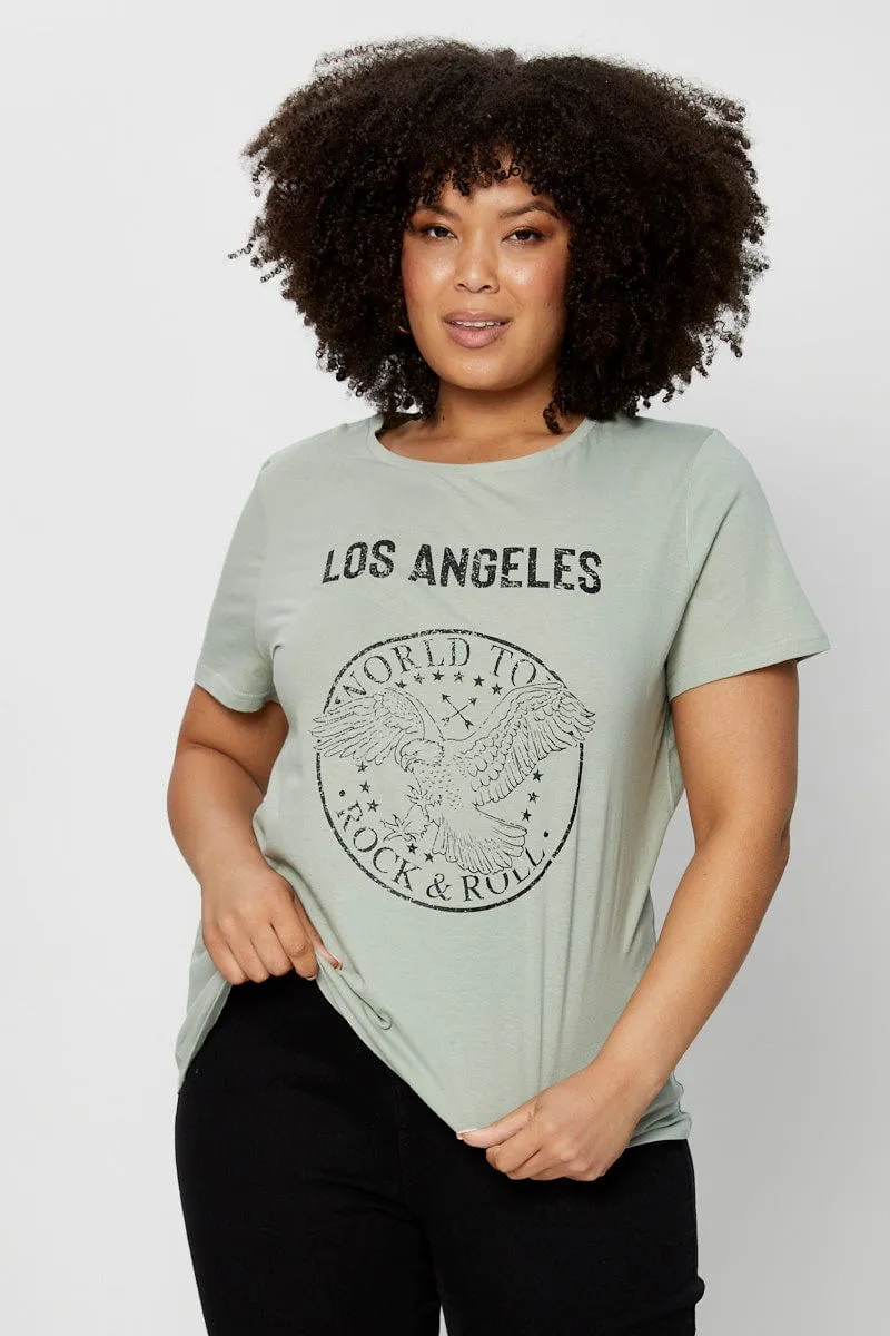 sports performance Green Graphic T-shirt Short Sleeve Cotton