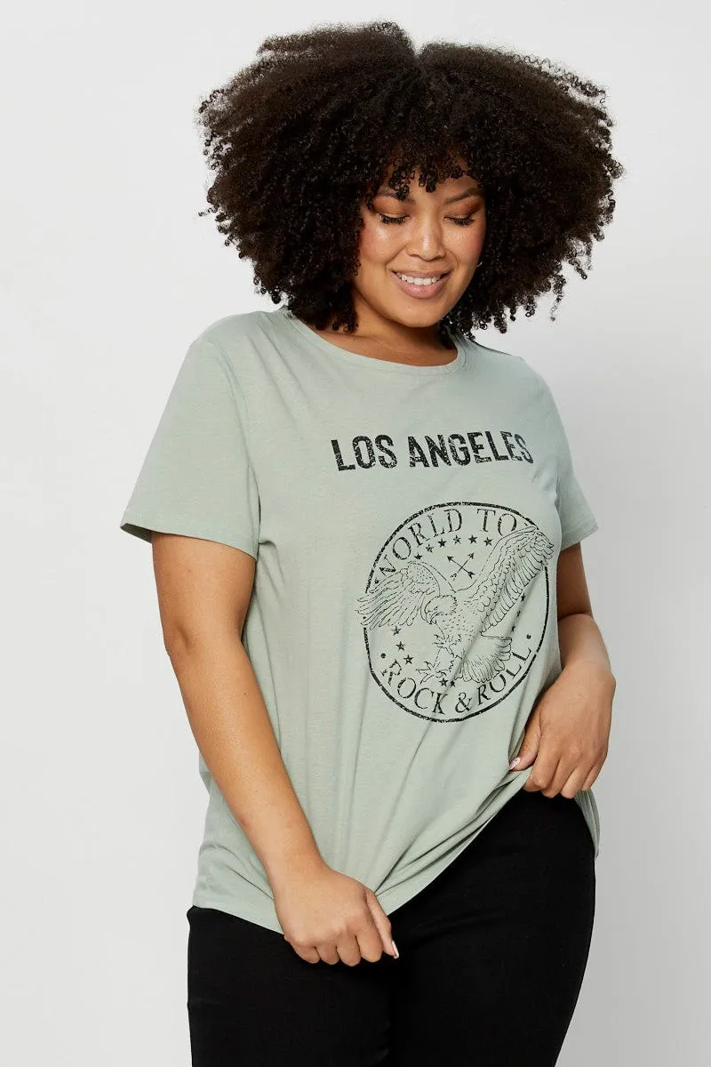 Green Graphic T-shirt Short Sleeve Cotton Casual Layer Wear Playful Prints