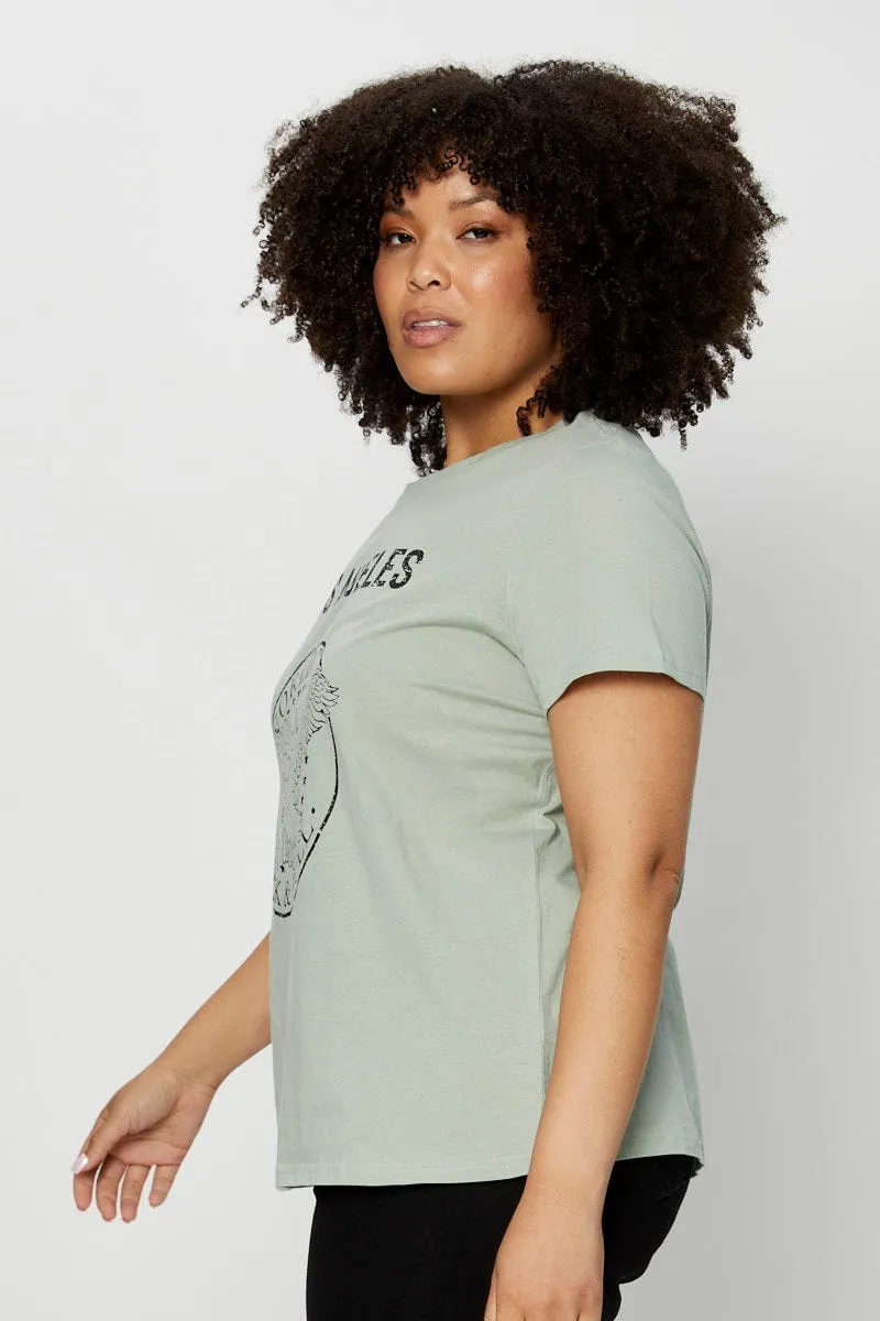 AntiPilling Lightweight Look Green Graphic T-shirt Short Sleeve Cotton