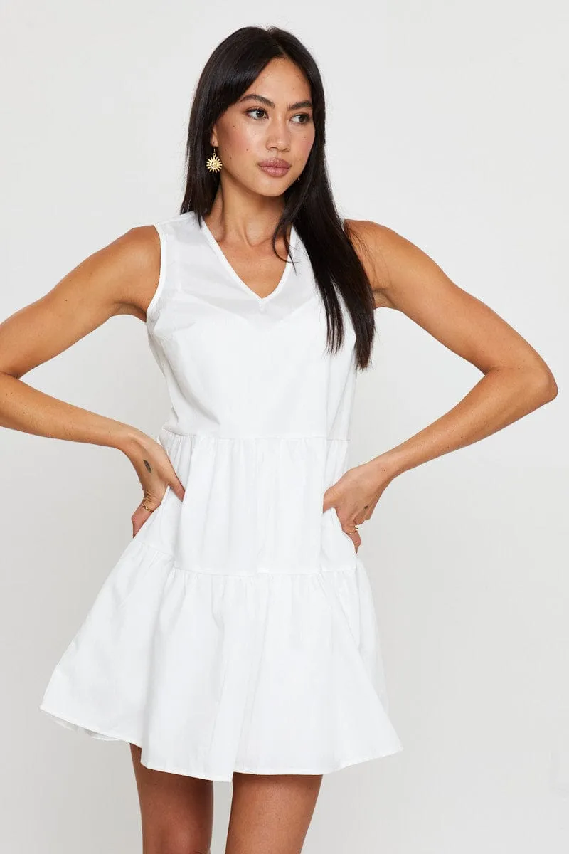 White A Line Dress Mini V Neck Summer Ready Look Runway Glow