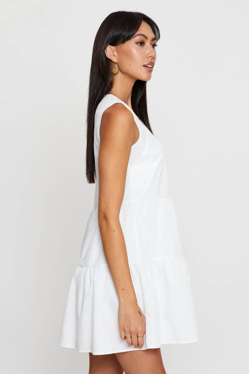Casual Comfort White A Line Dress Mini V Neck