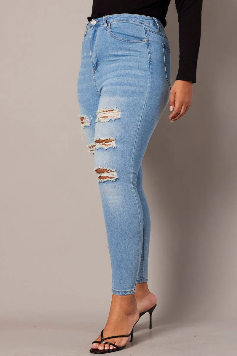 Denim Skinny Jeans High Rise Distressed Neutral Tones