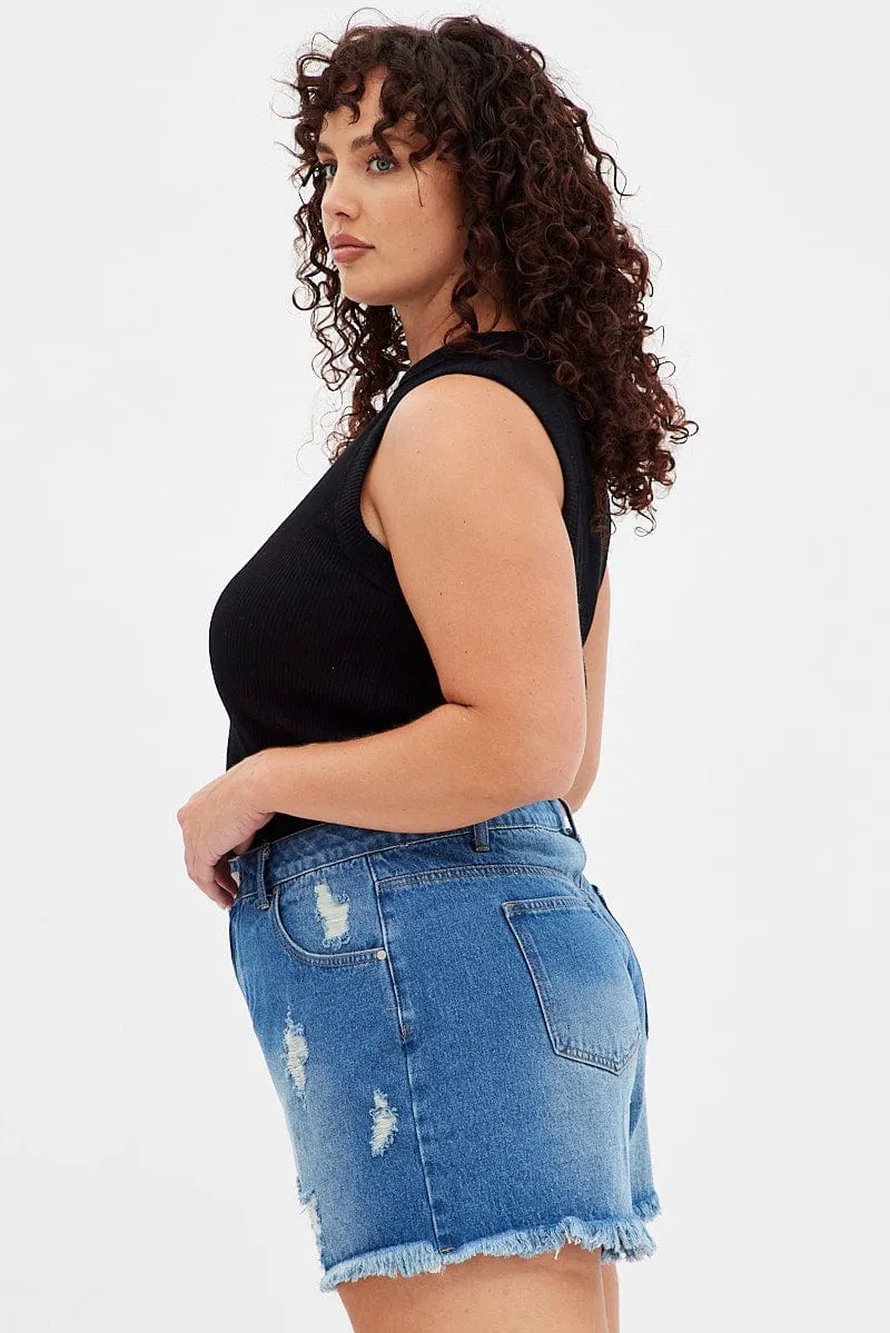 QuickDrying Polish Tone Blue Relaxed Denim Shorts High Rise