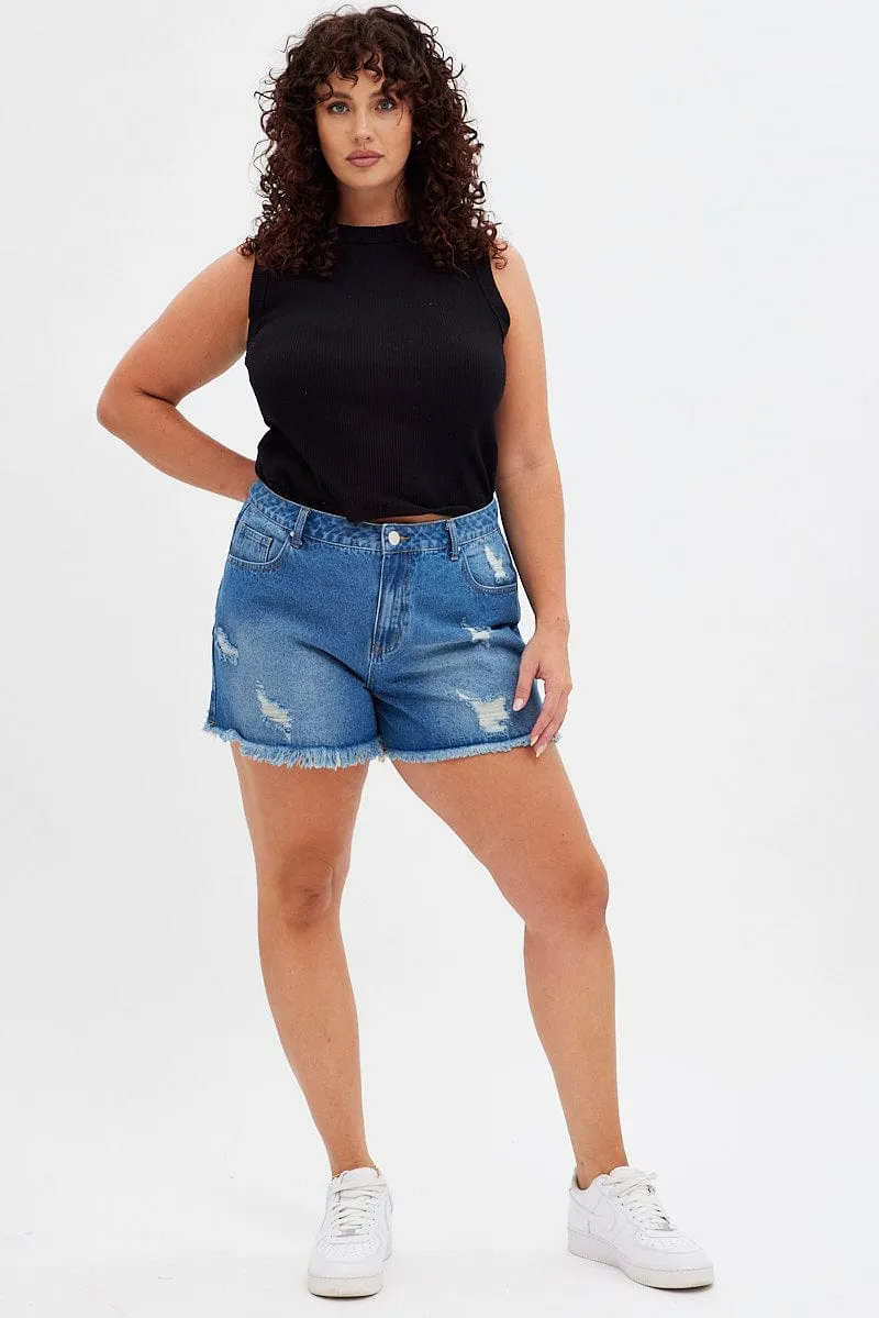 American Ease Blue Relaxed Denim Shorts High Rise