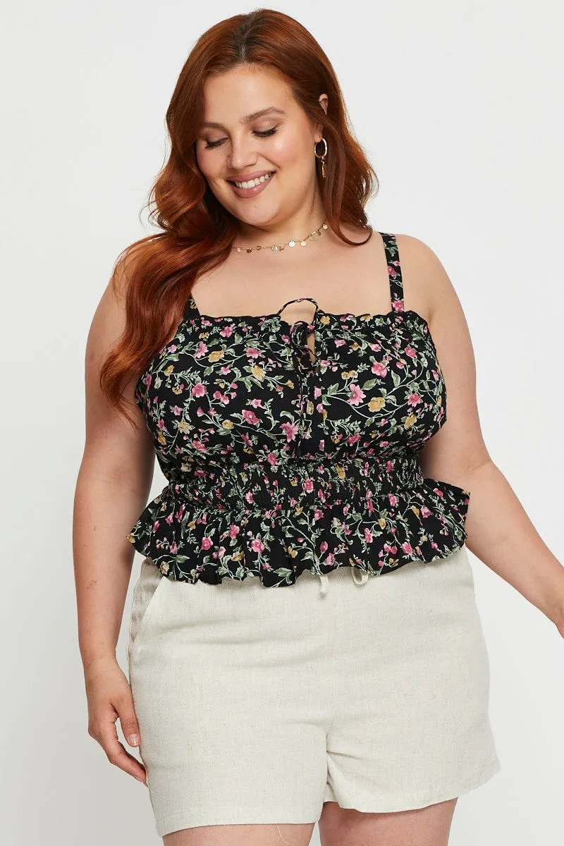 AbrasionResistant Material Geo Print Crop Singlet Top Shirred Waist