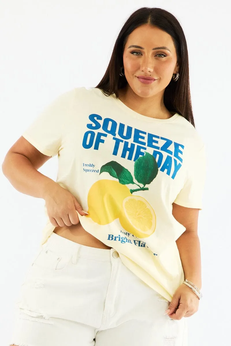 Yellow Graphic T Shirt Short Sleeve Crew Neck Fashion Top Versatile Comfort Wear