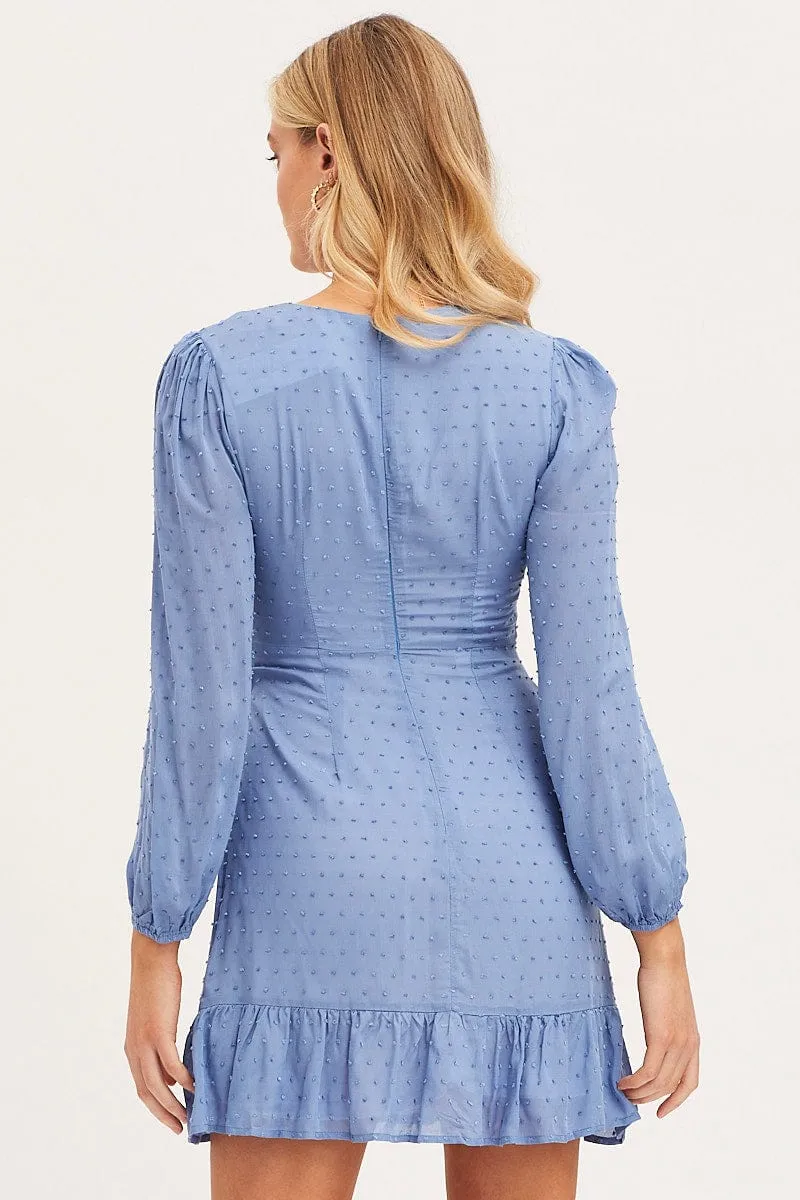 Blue Mini Dress Long Sleeve Bodycon Soft Brushed Interior
