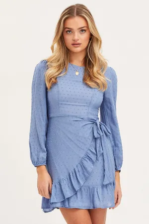 Blue Mini Dress Long Sleeve Bodycon Boho chic Wrinkle Free Fabric