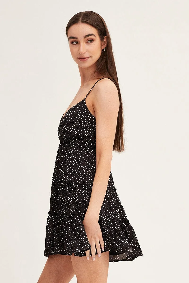 Polka Dot Skater Dress Mini V Neck Sleeveless Rounded Neckline