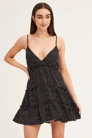 Polka Dot Skater Dress Mini V Neck Sleeveless Head Turn