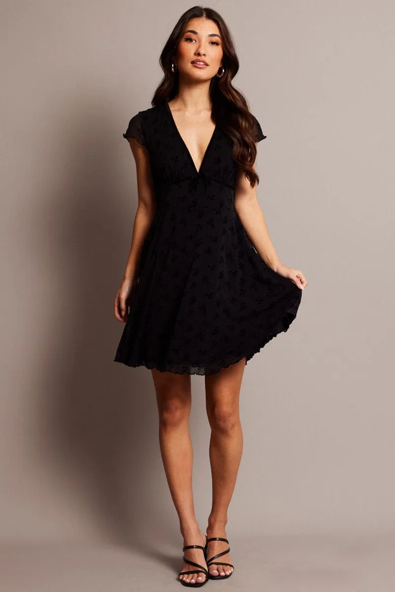 Glow Warm Black Ditsy Mini Dress Short Sleeve Burn out
