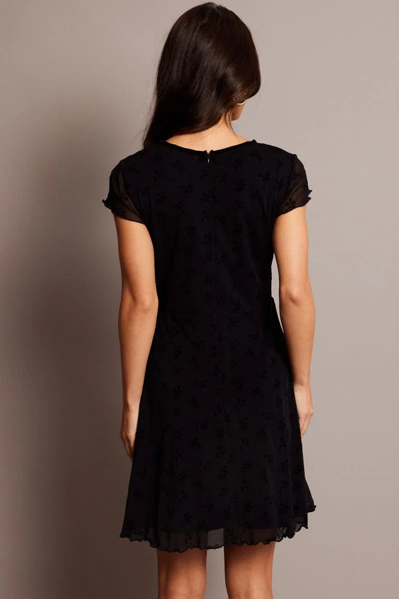 Black Ditsy Mini Dress Short Sleeve Burn out Stylish Fit elegant design