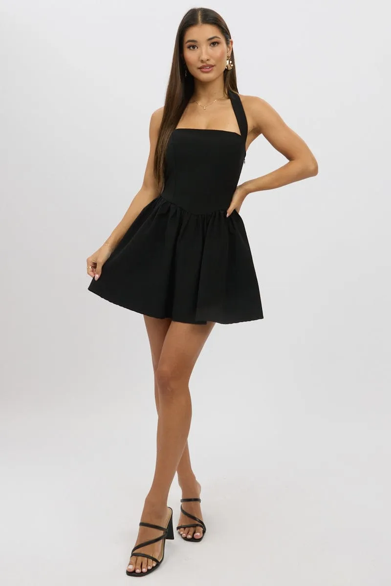 Scene Mode Black Halter Neck Mini Dress