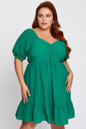 Glow Sharp Green Short Puff Sleeve Gather Frill Hem Dress