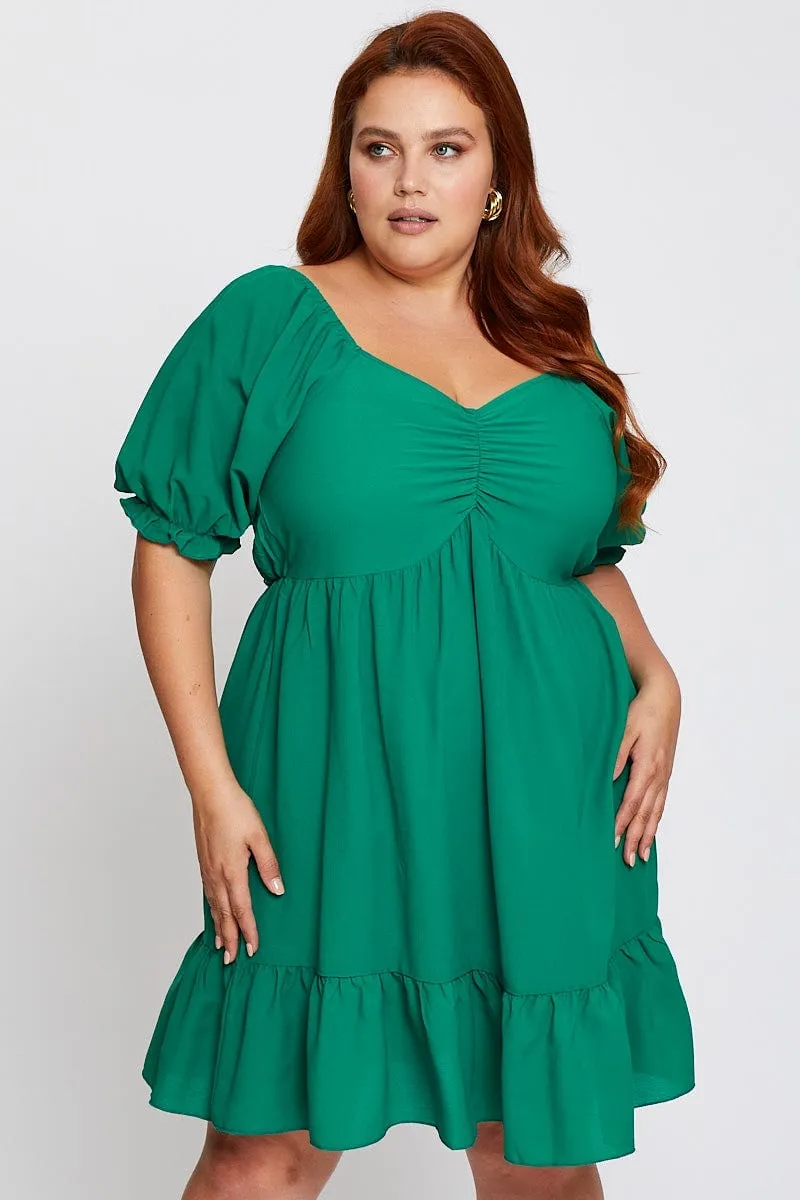 Glow Sharp Green Short Puff Sleeve Gather Frill Hem Dress