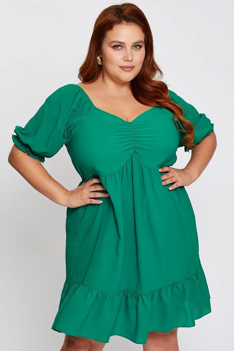 Floral Pattern Green Short Puff Sleeve Gather Frill Hem Dress