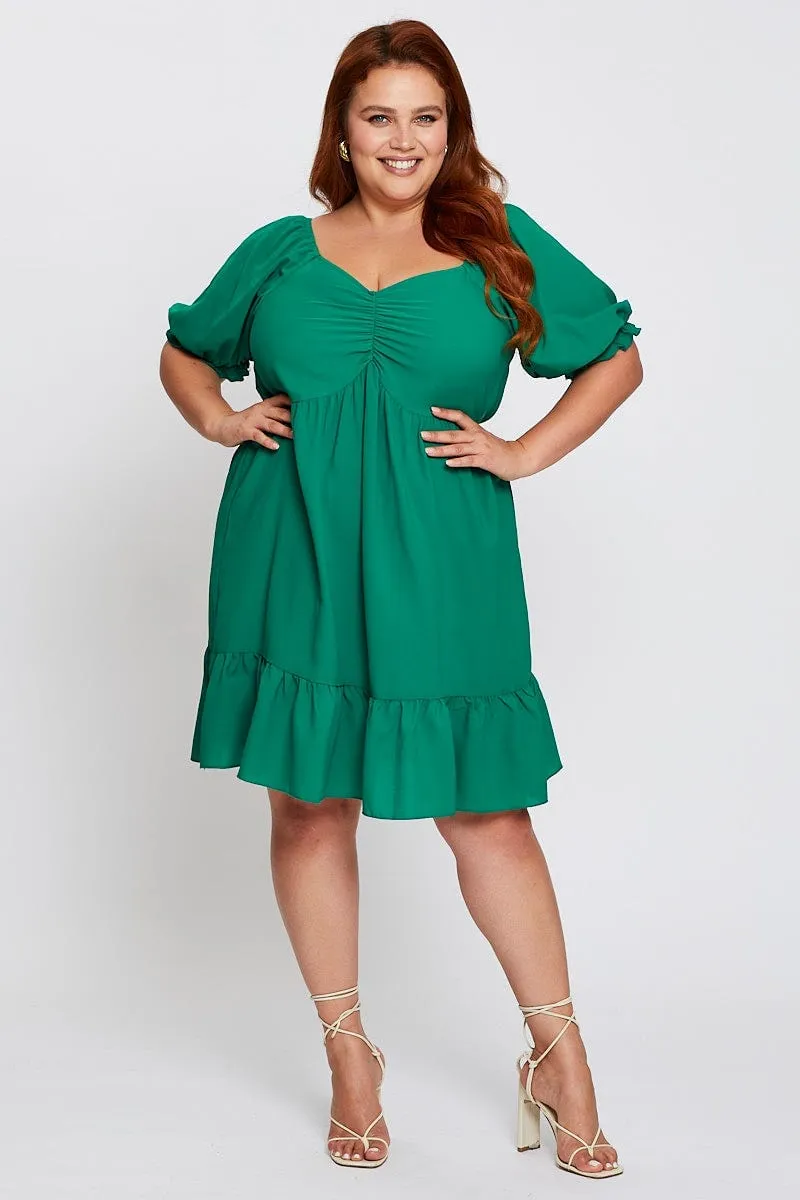 Scene Glow Playful youthful dress Green Short Puff Sleeve Gather Frill Hem Dress