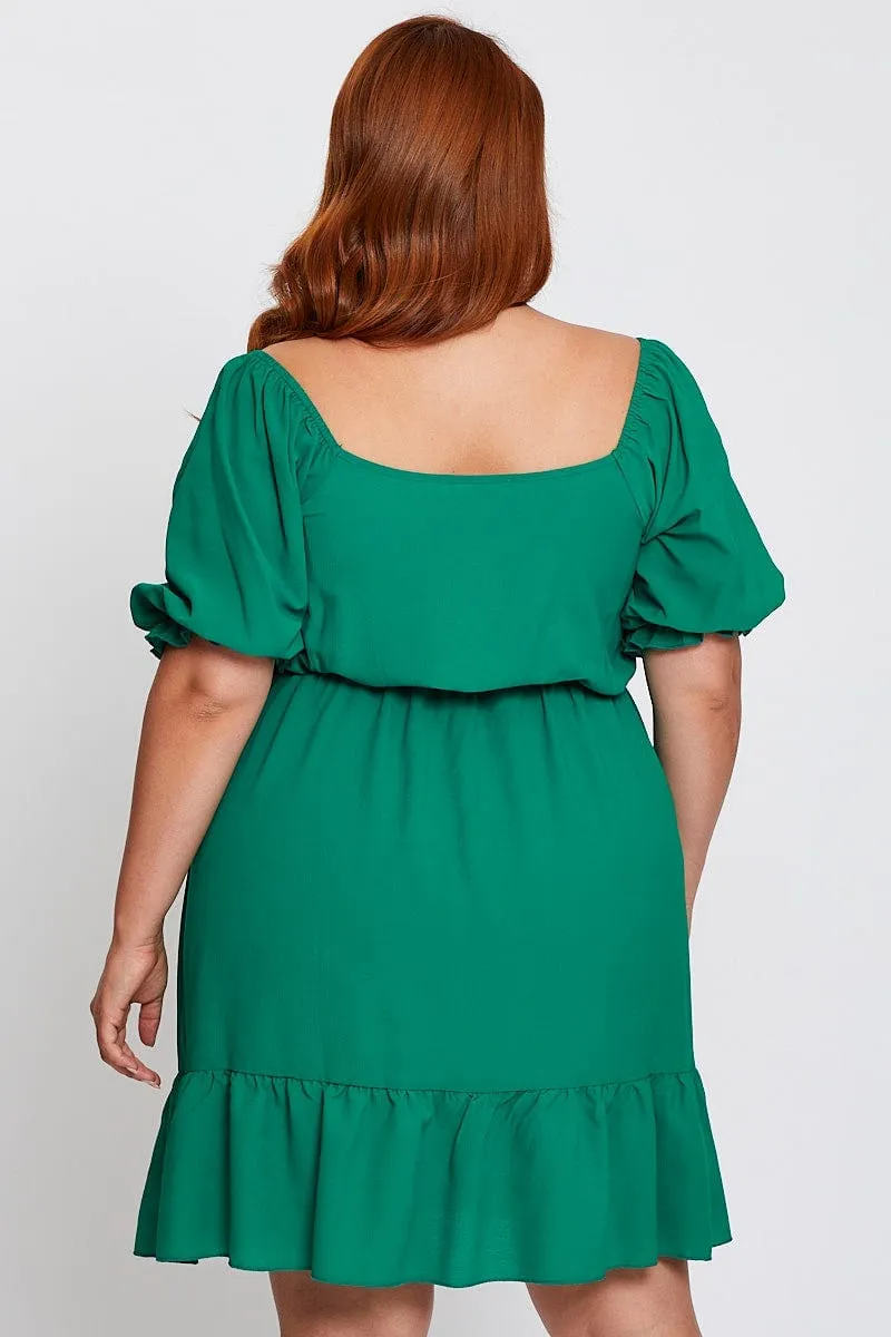Green Short Puff Sleeve Gather Frill Hem Dress Party Light