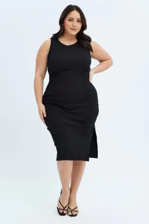Casual Elegance City Sleek Black Midi Dress Rib Jersey Fitted Sleeveless