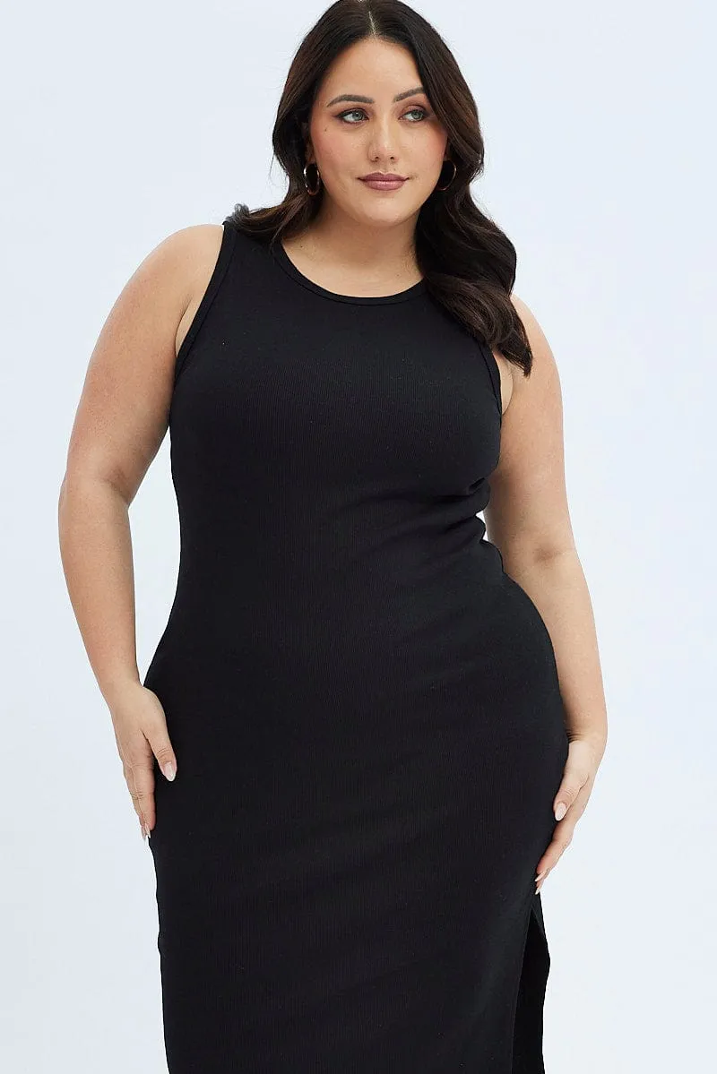 Frost Light Black Midi Dress Rib Jersey Fitted Sleeveless