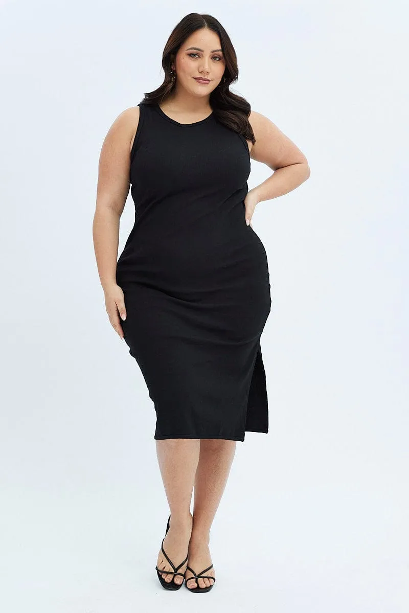 Casual Elegance City Sleek Black Midi Dress Rib Jersey Fitted Sleeveless