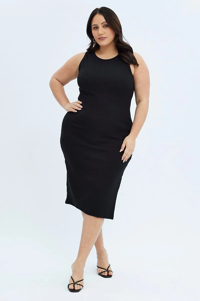 Black Midi Dress Rib Jersey Fitted Sleeveless Theatre Time