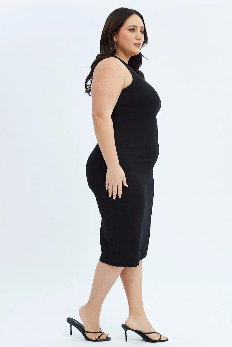 Black Midi Dress Rib Jersey Fitted Sleeveless Bamboo Path Sophisticated mid-calf gown