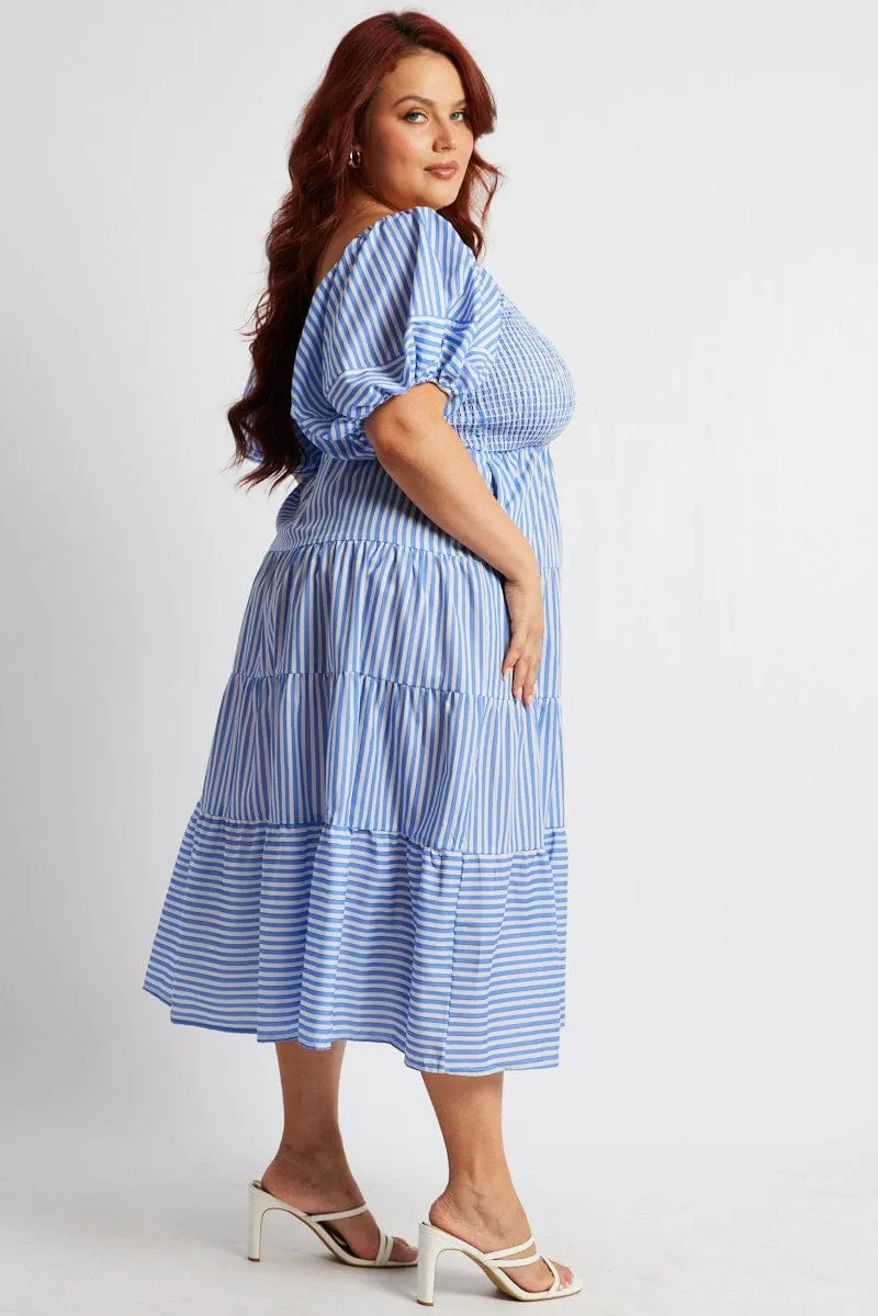 Trendy casual event dress Blue Stripe Midi Dress Short Sleeve Shirred