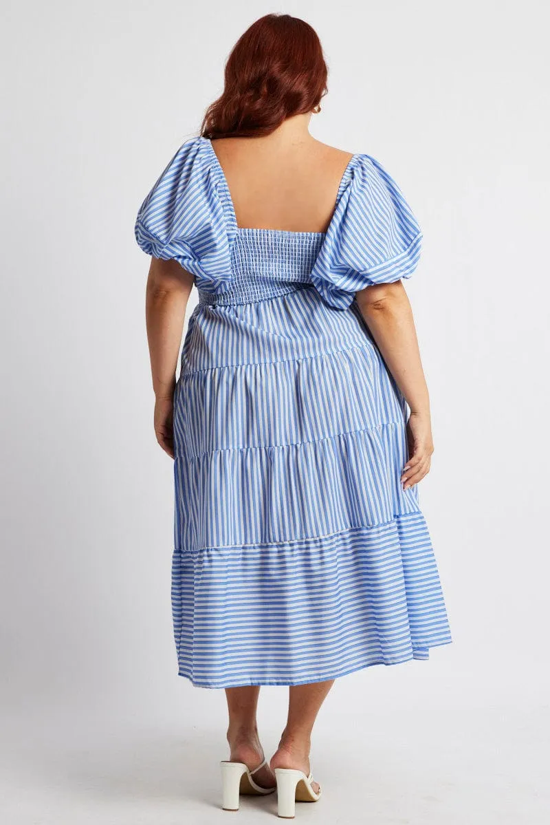 Fashionable Fit Taxi Line Blue Stripe Midi Dress Short Sleeve Shirred
