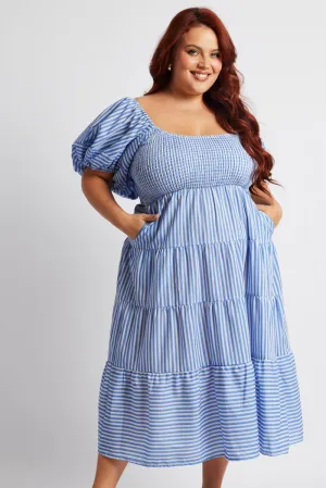 Petite Style Fashionable Piece Blue Stripe Midi Dress Short Sleeve Shirred