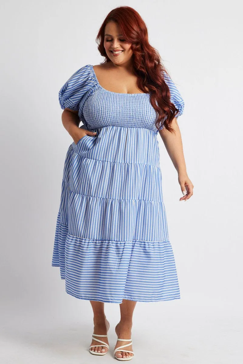 Day to Night Design Smart Outfit Blue Stripe Midi Dress Short Sleeve Shirred