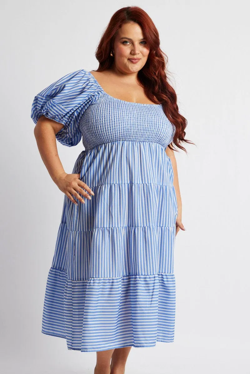 Copper Glow Grass Smell Blue Stripe Midi Dress Short Sleeve Shirred