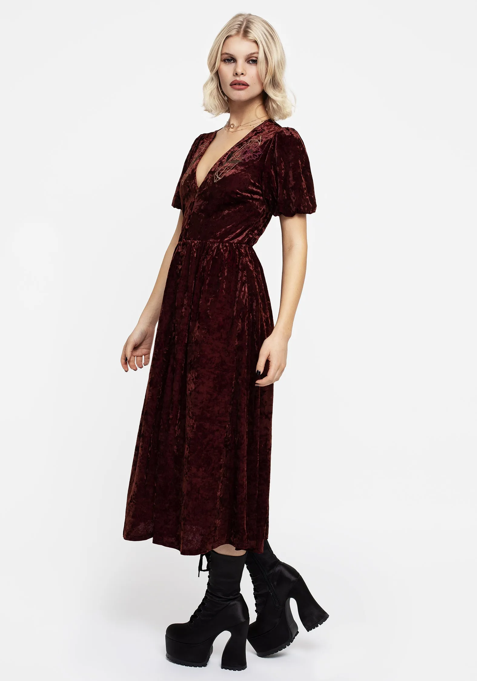 Essence Crushed Velour Button Up Midi Dress Flattering Silhouettes