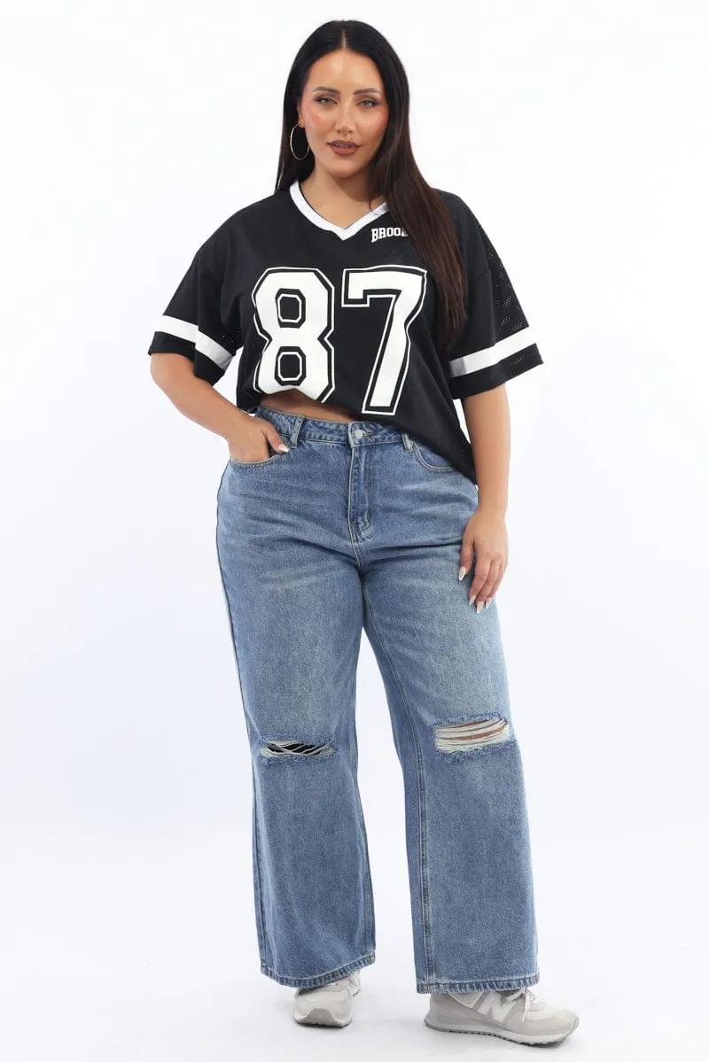Casual Comfort Black Graphic T-shirt Short Sleeve V-neck