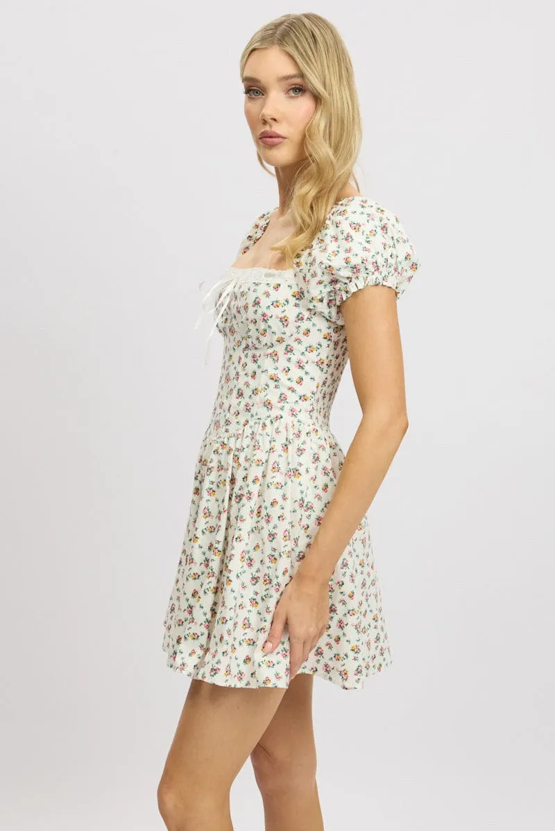 White Ditsy Fit And Flare Dress Corset Detail Mini SnagFree Fabric