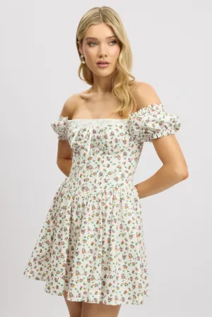 spring fresh OdorControl Treatment White Ditsy Fit And Flare Dress Corset Detail Mini